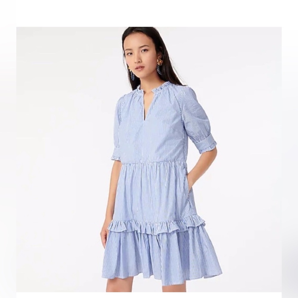 Jcrew Ruffleneck tiered popover dress in stripe sz S